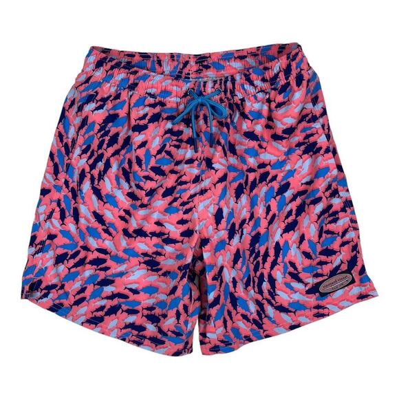 Vineyard Vines Pink & Blue Shark Print 7 Inch Printed Chappy Swim Trunks Small - Picture 1 of 7